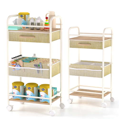 Metal Nursery 3 Tier Rolling Cart with Dividers and Drawers, Mobile Utility Cart with Wheels Diaper Caddies Organizer for Changing Table, light brown