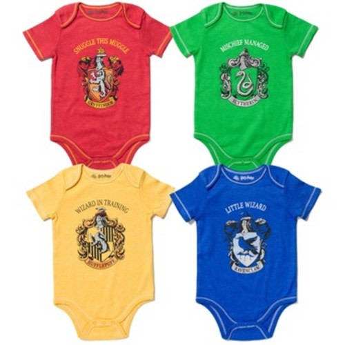 Harry Potter Gryffindor Hufflepuff Ravenclaw Slytherin Newborn Baby Boys 4 Pack Bodysuits 0-3 Months