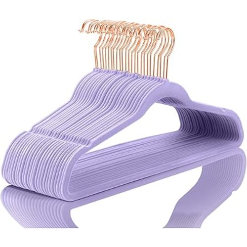 MIZGI Premium Velvet Hangers (50 Pack) Heavy Duty - Non Slip Felt Hangers - Velvet Suit Hanger Light Purple - Rose Gold Hooks,Space Saving Clothes Hanger
