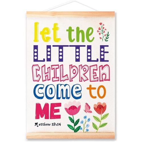 Matthew 19:14 Wall Decor Christian Kids Posters Hanger Frame for Nuresy Classroom,Bible Verse Quote Canvas Wall Art Poster Print Wall Hanging for Kids Room 16x12in