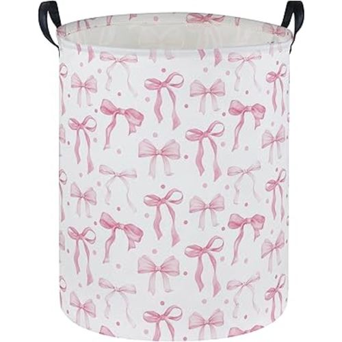 Girls Laundry Basket Pink Hamper for Nursery Bowkont Hamper Cute Kids Storage Bin Organizer Room Decor for Home(Pink bowkont)