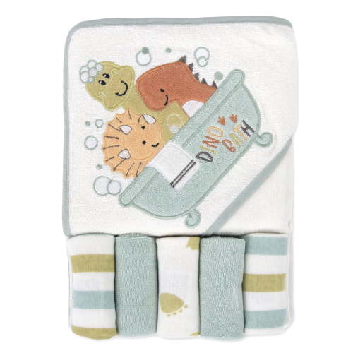 Baby Essentials 6 Piece Bath Towel Washcloth Set Infants Toddlers 6 – 12 Months Bath, Shower, Beach, Pool in Drippy Dinos