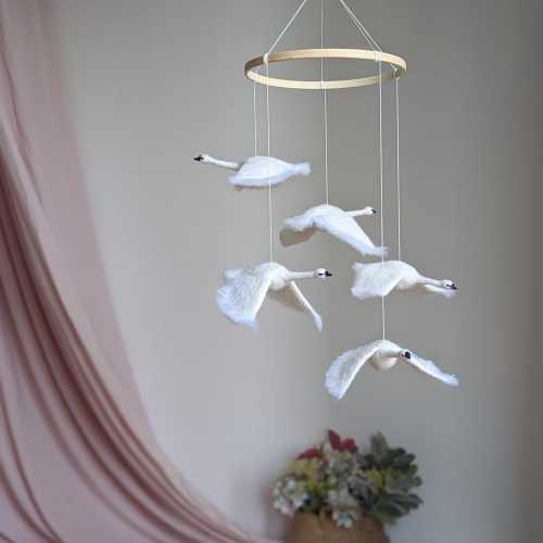 White Swans Baby Mobile: Needle Felted Nursery Decor