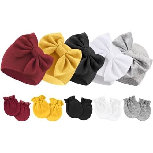 Newborn Baby Hats and Mittens Set Infant Bow Beanie Cap Toddler Gloves Newborn Hospital Hats for Baby Boy Girl 0-12 Months