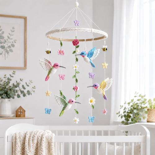 Crochet Hummingbird Baby Mobile, Handmade Floral Nursery Crib Mobile, Bird Cot Mobile, Baby Shower Gift, Girl Nursery Decor
