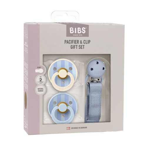 Bibs Pacifier Gift Set 0-24m - Dusty Blue Stripe