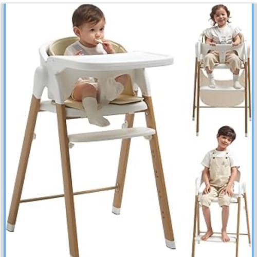 High Chair for Babies and Toddlers Adjustable Foldable Convertible 5 Point Harness Easy Clean Wood-Printed Metal with Removable Tray Baby Highchair for Family (White&Natural Wood-Printed Metal)