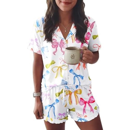 Ekouaer Womens Pajama Sets Button Down Short Sleeve Top and Shorts Cute Pjs Sets Sleepwear