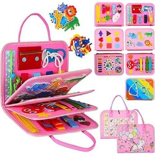 Montessori Busy Board for Toddlers – Sensory Busy Book with Buckles, Zippers, Letters, Animals, Toddler Activities – Fine Motor Skills Development Learning for Boys Girls Travel Activity