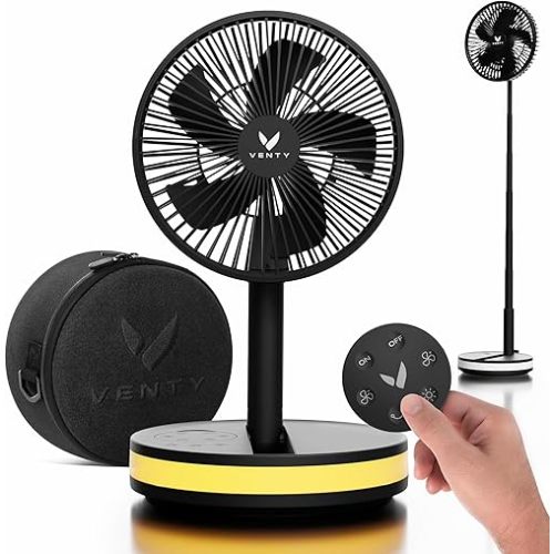 VENTY Portable Fan - Wireless Battery Operated Fan - 4 Speeds - LED Lighting - Carry Case & Remote Control - Cruise Travel - Outdoor Travel RV Power Bank With USB-C Port (Black with Case)