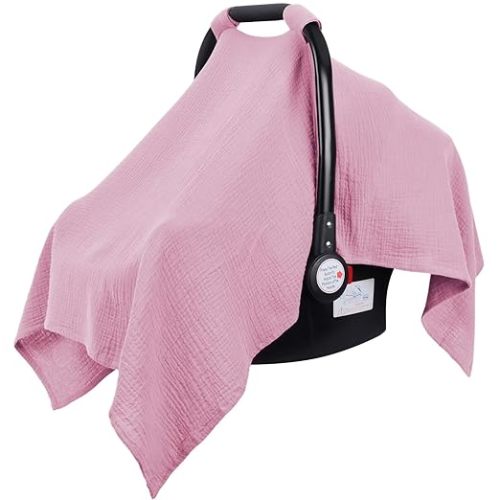 Muslin Car Seat Cover for Baby Girls, 100% Cotton Breathable Infant Carseat Canopy for Summer, Lightweight Stroller Sunshade Covers (Pale Pink)