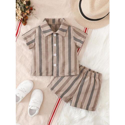SHEIN 2pcs Baby Boy Textured Stripe Jacquard Short Sleeve Shirt And Loose Textured Stripe Jacquard Shorts Set, Suitable For Casual, Holiday And Daily Wear | SHEIN USA