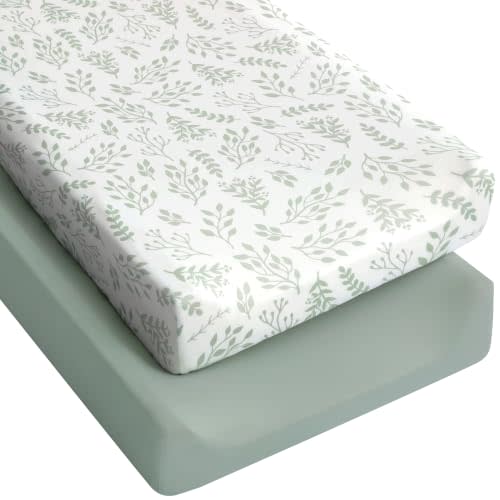 Yoofoss 2-Pack Diaper Changing Pad Cover for Boys Girls 32x16 (Green+Leaf) | Soft & Durable & Easy-to-clean, 360° Full Elastic Fit, Microfiber Fitted Sheets for Changing Table Pad