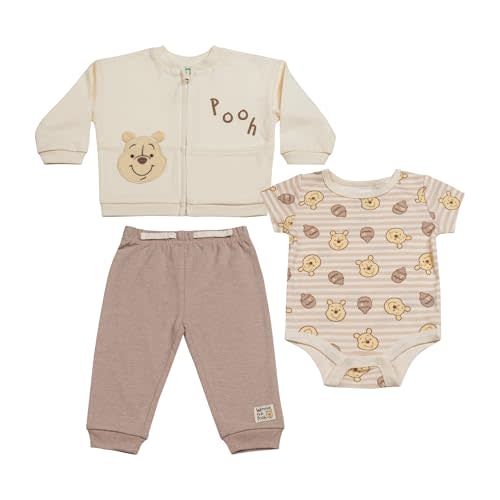 Magic Threadz Disney Clothes Baby Boys 3pc Layette Set – Mickey Mouse & Winnie the Pooh Bodysuit, Jacket & Pants (0M–9M)