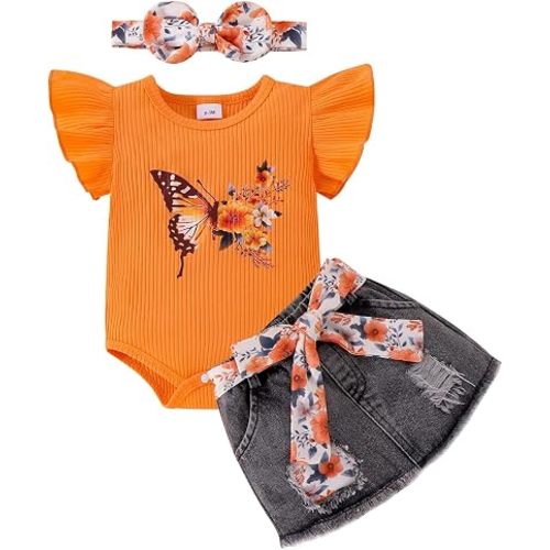 Baby Girl Clothes Ruffle Romper Denim Skirt Bow Headband 3PCS 0-18M | Soft Breathable Romper Set Offering All-Day Comfort, Butterfly Print, Denim Skirt, Bow Headband, Daily Wear, Machine Washable