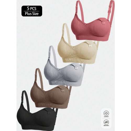 5pcs Plus Size Maternity Nursing Bras With Removable Pads, Front Opening Double Hook Design, Suitable For Sleep, Pregnancy, Postpartum, All Seasons | SHEIN