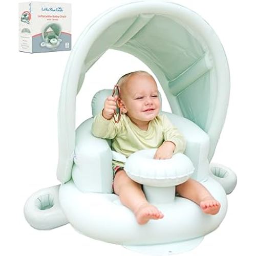 Blow Up Inflatable Baby Seat for 3-36 Months w/Built-in Pump & Detachable Canopy, Sit Me Up Floor Seat for Baby w/Safety Straps, Inflatable Infant Chair (Canopy + Cup Holders) is Ideal Christmas Gift