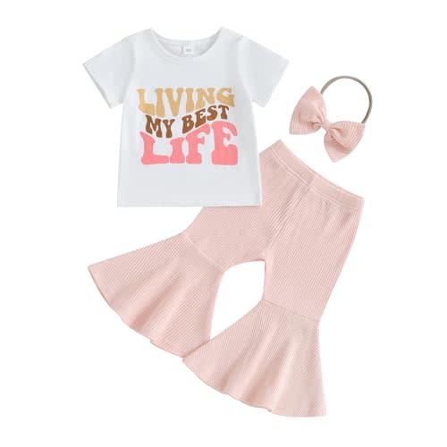 Fernvia Toddler Baby Girl Clothes Summer Crew Neck Letters Print T-Shirt with Flare Pants Headband 3Pcs Outfits Set (K Pink White, 6-12 Months)