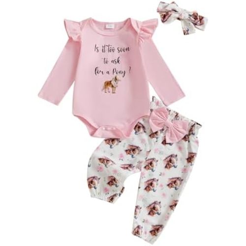 Fufuriprefer Western Baby Girl Clothes Horse/Boots Print Long Sleeve Romper + Pants + Headband Newborn Infant Cute 3PCS Set (Pink, 0-3 Months)