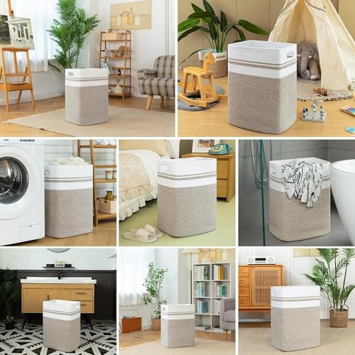 Laundry Hamper, Collapsible Cotton Rope Basket,Woven Storage Basket for Blankets,Clothes,Pillows-16x15x24-Yellow