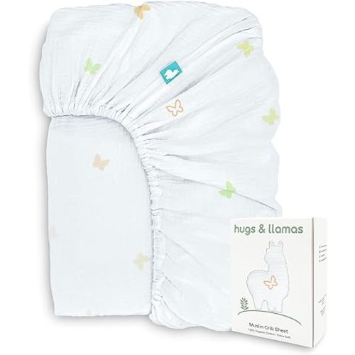 Hugs & Llamas | 100% Organic Cotton Muslin Fitted Crib Sheet | Premium Baby Crib Sheets for Boys & Girls | Organic Crib Sheets Neutral | Mattress Sheet