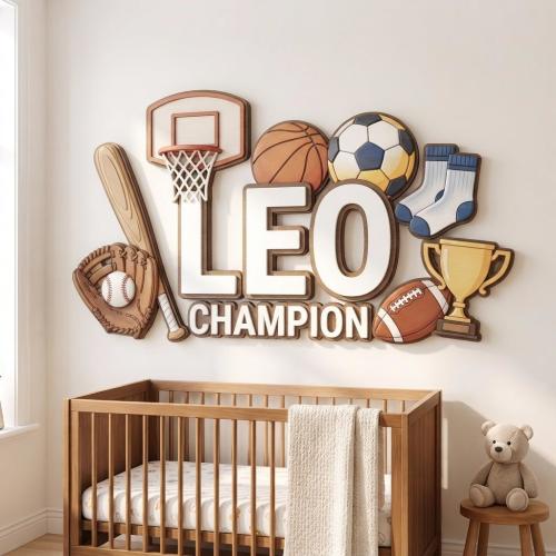 Personalized Sports Nursery Name Sign, Custom Boys Room Wall Decor, 3D Wooden Baby Name Sign, Football Basketball Baseball Trophy Gift