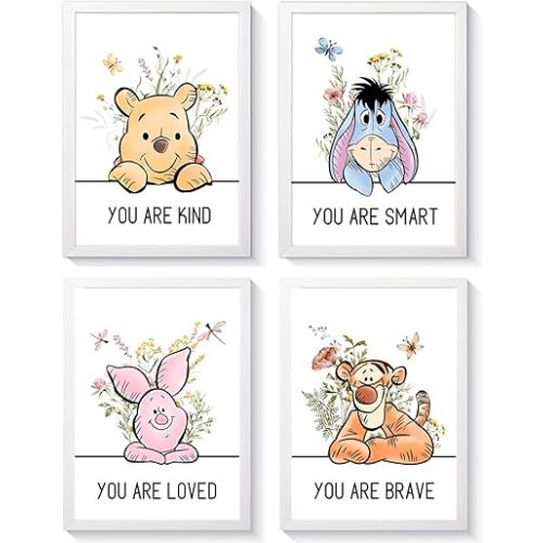 Cute Winnie the Pooh Quote Framed Wall Art Set of 4, Boho Educational You are Brave Strong Smart Kind Wooden Saying Sign, Preschool Inspirational Nursery Wall Decor for Baby Girl Kid Boy Toddlers