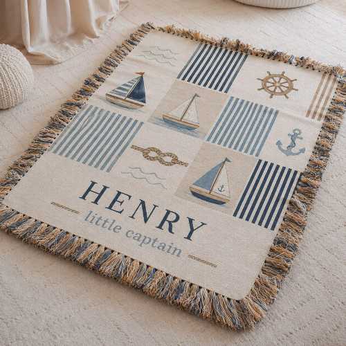 Personalized Nautical Nursery Blanket, Baby Boy Coastal Throw, Custom Name Sailboat Blanket, Scandinavian Decor