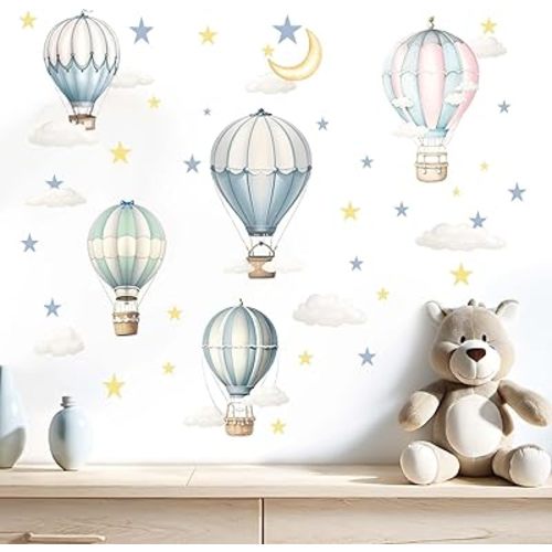 Balloon Wall Decals for Kids Room: Peel and Stick Hot Air Balloon Stars Cloud Wall Stickers - Baby Nursery Boys Room Girls Bedroom - Children Supplies Ages 1-12 Years Wall Decor Art