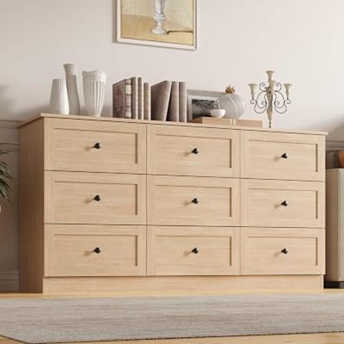 9 Drawer Dresser, 59" Wide Dresser for Bedroom, Modern Large Chest of Drawers, TV Stand for 65 inch, Storage Organizer with Metal Handles for Bedroom, Living Room, Hallway, Natural