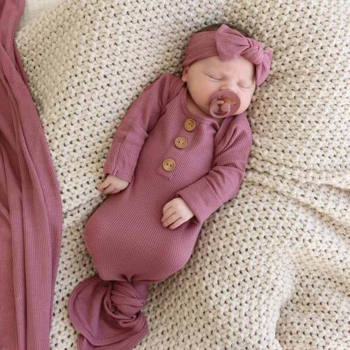 Boysenberry Bamboo Waffle Newborn Baby Knot Gown & Hat Set