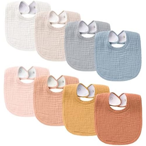 Konssy 8-Pack Muslin Baby Bibs, Adjustable Fit for Drooling and Teething