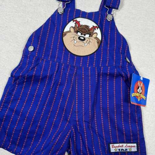 Vintage Looney Tunes Taz Overalls Youth 4T Blue Striped Baseball Shortalls 1990s