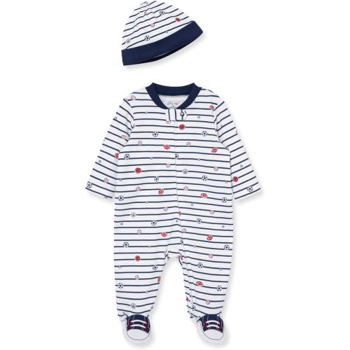 Little Me Baby Boy Clothes 2-Piece Baby Sleeper and Cap Set, 100% Cotton Footies Baby Essentials, Preemie to 9 Months