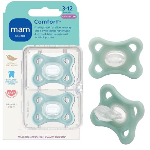 MAM Comfort Baby Pacifiers 3-12 Months Babies, Lightweight One-Piece Full Silicone Binky, BPA-Free Nipple, Easy to Clean Pacifier, Best for Breastfed Babies, 2 Count, Sterilizer Case, Made in Europe