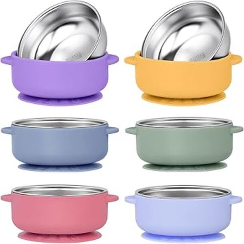 Paquete de 6 cuencos de acero inoxidable 304 para bebés con cuenco de silicona extraíble, ventosas para bebé, recipientes de alimentos resistentes a las quemaduras, para niños, alimentación de