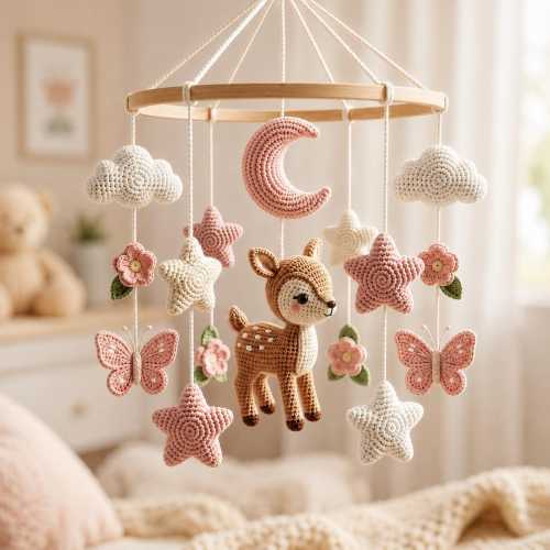 Crochet Deer Baby Mobile, Woodland Crib Mobile, Handmade Fawn Moon Stars Butterfly Nursery Decor, Baby Shower Gift for Girl