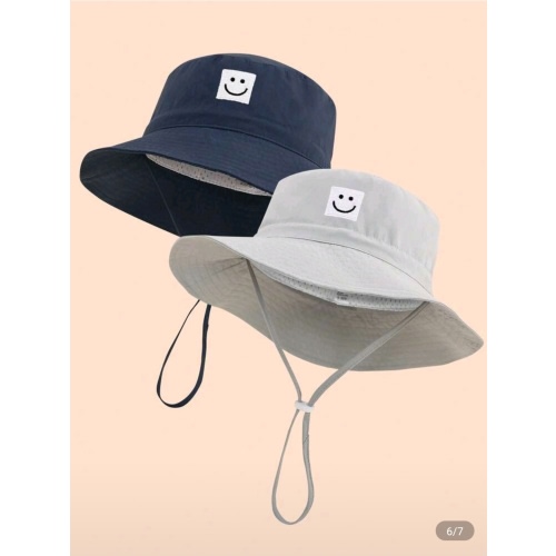 2pcs Kids' Solid Color Embroidered Smiling Face hat