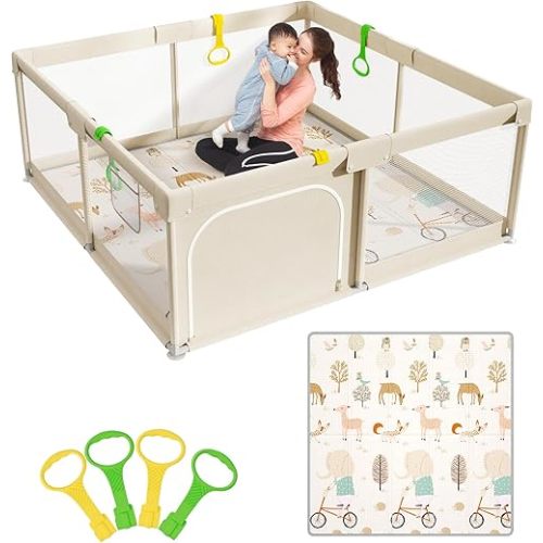 Mloong Baby Playpen with Mat - 59x59 Inches Extra Large Playpen for Babies and Toddlers, Indoor & Outdoor Activity Center, Safety Baby Fence