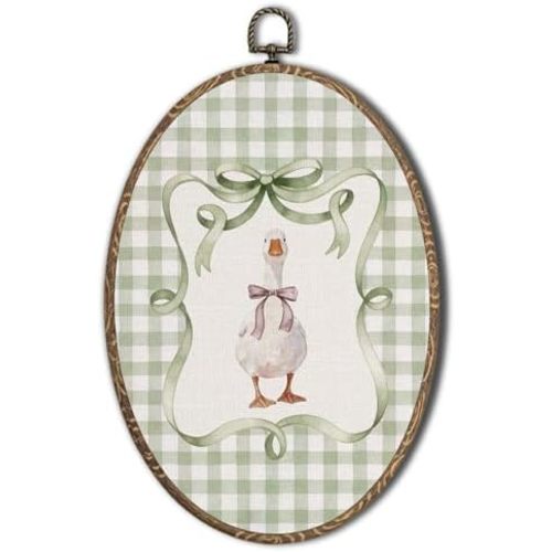 Saikociju Sage Green Checkered Goose Oval Wall Art Decor, Coquette Preppy Bow Goose Framed Hanging Wall Prints Artwork for Girls Nursery Bedroom Living Room Home Decorations, 8.5x11.5 Inch