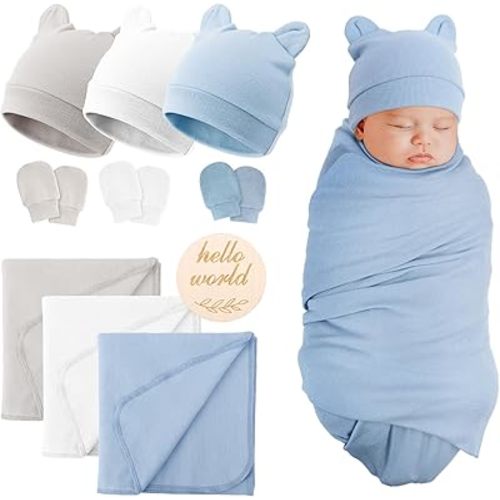 3 Sets Cotton Baby Swaddle Blankets Wrap with Cute Bear Ears Hats Elastic Mittens Wooden Birth Announcement Card Soft Nursery Receiving Swaddles for Newborn Infant Girl Boy 0-3 Months