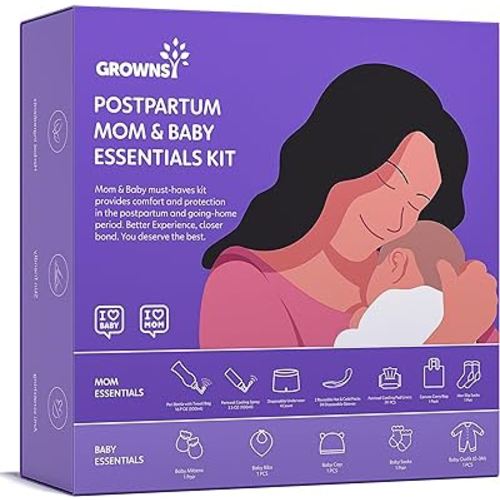 Grownsy Postpartum Essentials, Postpartum Kit for Labor & Delivery | Includes Upside Down Peri Bottle, Perineal Spray, Cooling Pad Liners, Ice Packs & Disposable Underwear (For Mom and Baby)