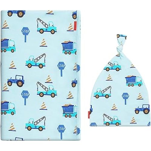 Newborn Baby Boys Swaddle Receiving Blanket with Matching Beanie Set, Soft Bamboo-Derived Viscose, Construction Vehicle