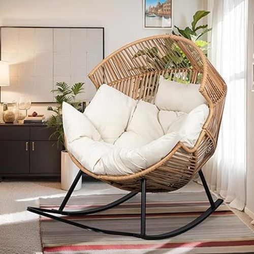 Vongrasig Wicker Egg Chair PE Rattan Rocking Chair with Cushion, Oversized Patio Lounge Rocker Chair for Outdoor, Indoor, Balcony, Backyard, Garden, Beige