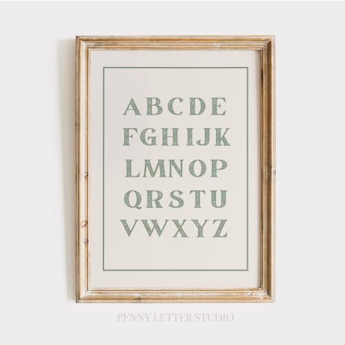 Alphabet Vintage Sage Green Font Print: Classic Learning Nursery Art