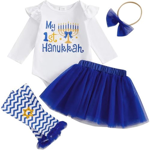 Baby Girl Hanukkah Outfit Long Sleeve Romper Tulle Skirt Headband Leg Warmers Set Newborn Chanukah Clothes