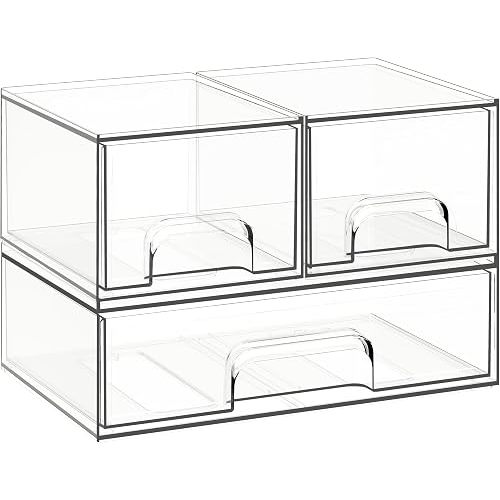 Criusia Stackable Storage Drawers, 3 Pack Clear Acrylic Makeup & Bathroom Organizer, Versatile Storage Bins for Vanity, Under Sink, Kitchen Cabinets & Pantry