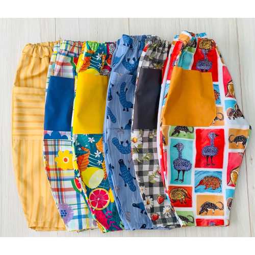 Kids barrel pants with front pockets in various fabric choices, Australian made,