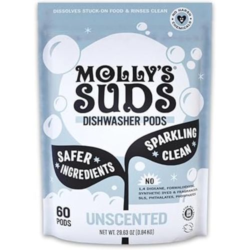 Molly's Suds Dishwasher Pods | Clean Dishwasher Detergent, Cuts Grease & Rinses Clean (Residue-Free) for Sparkling Dishes | 60 Auto-Release Tabs (Unscented)