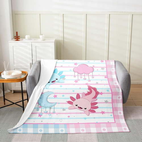 Cute Axolotl Throw Blanket Kawaii Blue Pink Wild Animals Fleece Blanket for Kids Boys Girls Watercolor Stripes Cartoon Moon Stars Dreamy Flannel Blanket for Chairs Bed Sofa Twin 60x80
